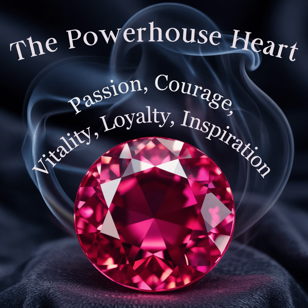 A vibrant red gemstone on a dark fabric backdrop, surrounded by ethereal, swirling smoke. Text reads: The Powerhouse Heart: Passion, Courage, Vitality, Loyalty, Inspiration.