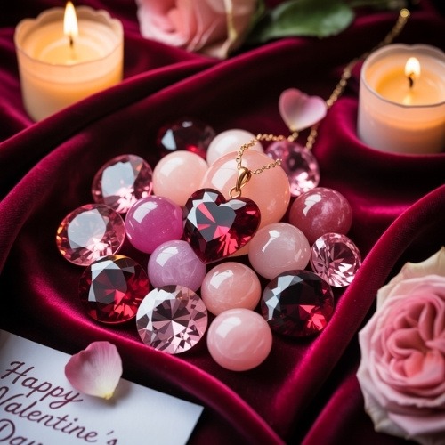 A romantic setting features candles, pink and red Valentine's Gemstones shaped like hearts, roses, and a "Happy Valentine's Day" card on plush red fabric.