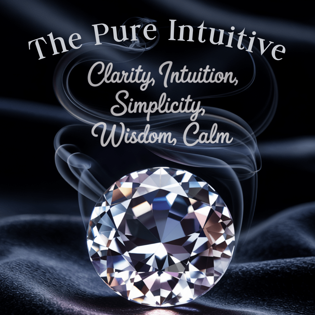 A large white sapphire on dark fabric with swirling smoke. Text reads The Pure Intuitive. Clarity, Intuition, Simplicity, Wisdom, Calm.