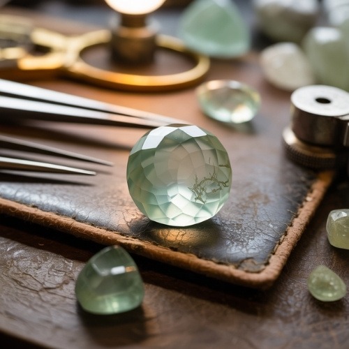 A faceted green Prehnite gemstone sits on a leather pad surrounded by tools and other stones, evoking a sense of artisan craftsmanship and elegance.