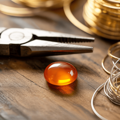 A smooth, round fire opal cabochon glows warmly on a wooden surface, surrounded by pliers and coiled wire, evoking a sense of craftsmanship and creativity.