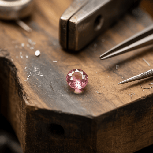 A pink gemstone placed on a rustic wooden workbench surrounded by metal shavings, tweezers, and a tool, evoking a sense of craftsmanship and precision.