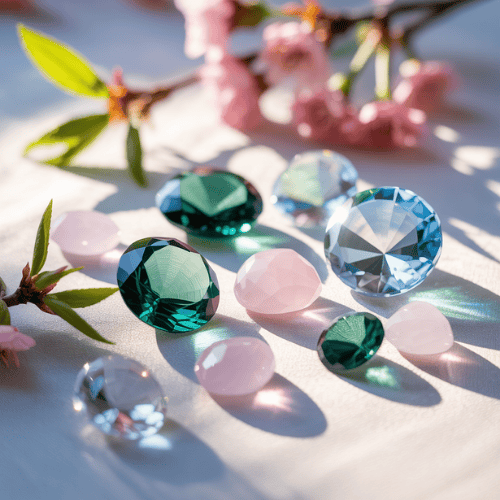 Colorful spring gemstones reflecting sunlight are placed on a white surface, surrounded by delicate pink cherry blossoms and green leaves.