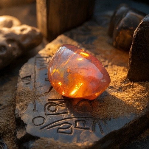 A glowing orange fire opal on a stone carved with ancient symbols, bathed in warm light, creating a mystical and serene atmosphere.