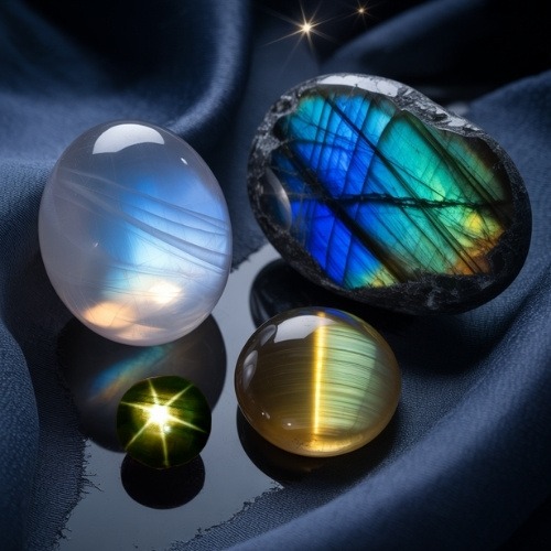 Four polished gemstones, all with Optical Phenomena, on a dark fabric background: a blue moonstone, vibrant labradorite, golden chrysoberyl cats eye, and green star sapphire, reflecting light elegantly.