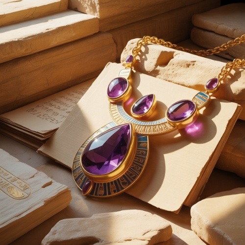 A gold necklace with large amethyst gemstones and intricate Egyptian-like designs lies on ancient scrolls, bathed in warm sunlight, evoking a sense of historic elegance and luxury.