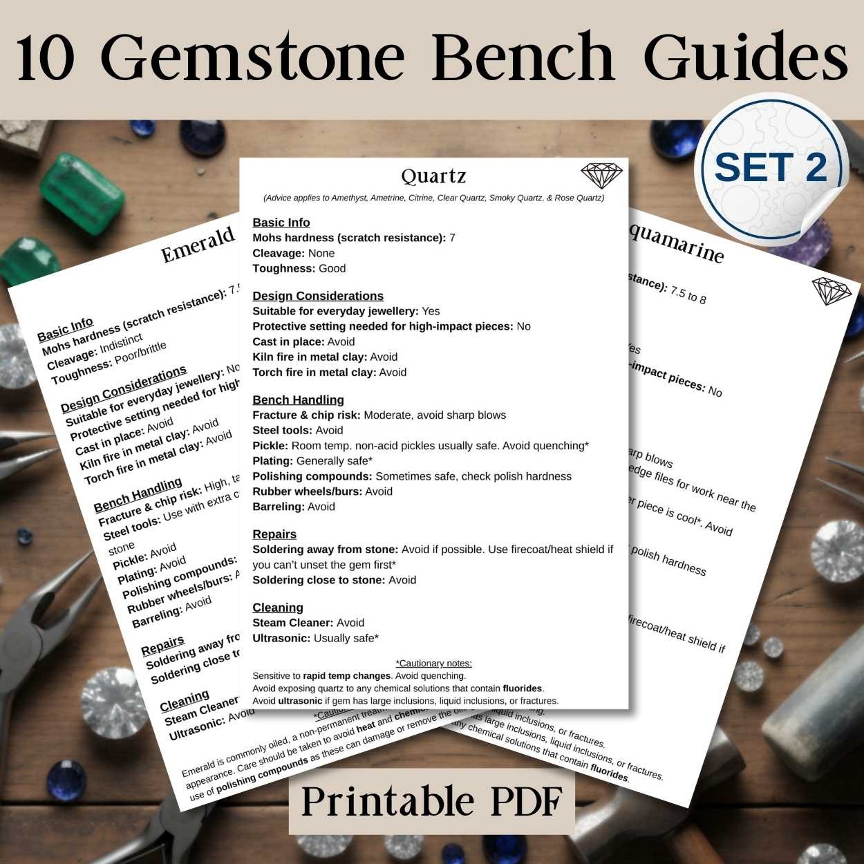 Image of three gemstone bench guide sheets, titled 'Quartz,' 'Emerald,' and 'Aquamarine' on a wooden surface surrounded by tools and gemstones. Text includes details on hardness, design considerations, and handling tips. Background elements include polished stones, pliers, and a set label 'SET 2.' The tone is informative and professional.