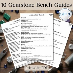 Image shows a PDF titled '10 Gemstone Bench Guides.' Three guide pages are visible, detailing gemstone attributes like hardness and bench handling tips. Surrounding the guides are tools and gems, conveying a craftsman theme. Text overlay indicates it's the third set in the series, labeled as a printable PDF.