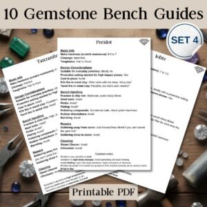 Image displaying Printable PDF guides on gemstone bench handling. Three guides are visible for Peridot, Tanzanite, and Iolite, each with details on hardness, design considerations, and repair tips. Surrounding items include scattered gemstone beads, tools, and a 'Set 4' label. The tone is informative and practical, targeting jewelry designers and artisans.
