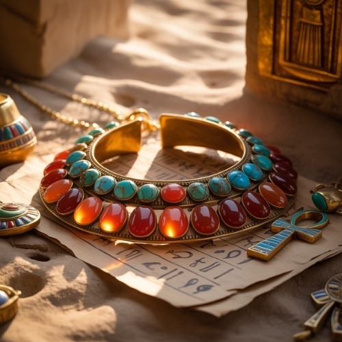 A golden Egyptian necklace with red and turquoise stones is displayed on ancient papyrus with hieroglyphs, surrounded by other artifacts, in warm sunlight.