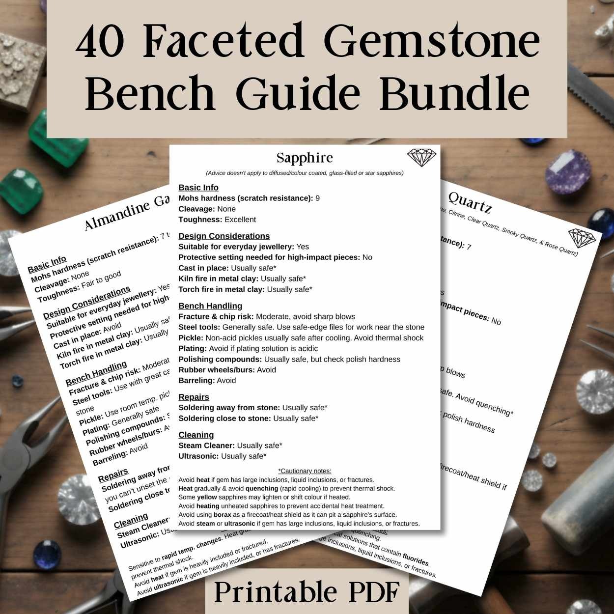The image showcases a '40 Faceted Gemstone Bench Guide Bundle' advertisement. Several printable PDF guides are fanned out on a wooden surface, each detailing gemstone information like hardness and handling. Surrounding the guides are crafting tools and raw gemstones, creating an artisanal and informative vibe.