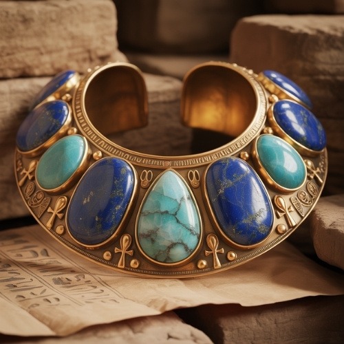 An ornate gold bracelet with lapiz lazuli and Feldspar stones, adorned with Egyptian hieroglyphs and symbols, rests on ancient papyrus and stone tablets.