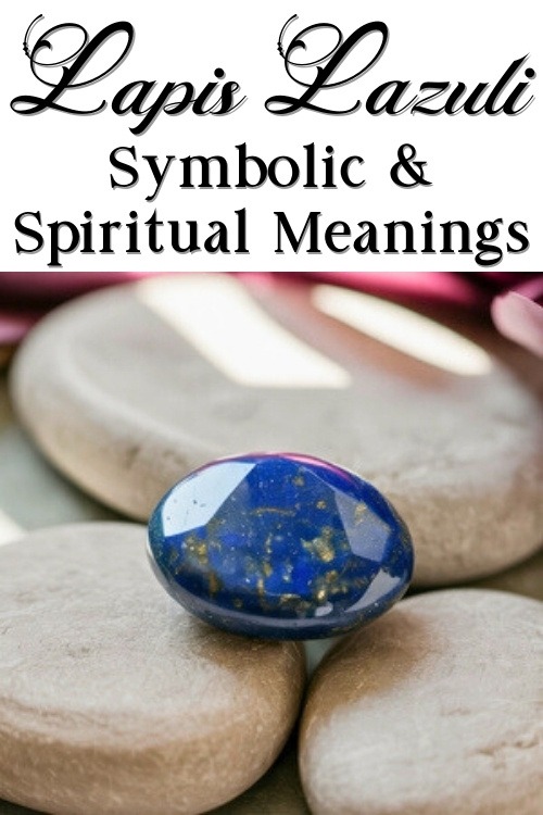 A polished lapis lazuli stone rests on smooth beige pebbles. The text above reads "Lapis Lazuli: Symbolic & Spiritual Meanings," suggesting a mystical theme.