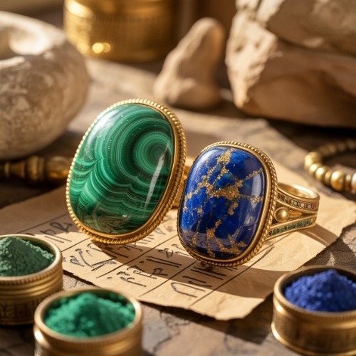 Two ornate rings with large gemstones, one malachite, the other lapis lazuli, rest on a parchment amidst jars of colored powders.