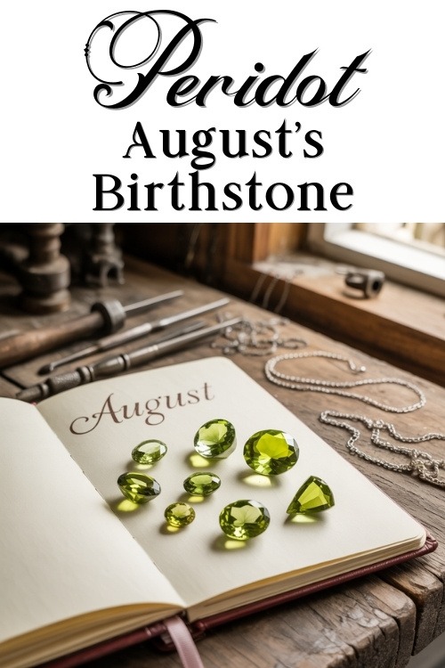 Green peridot gemstones displayed on an open book with 'August' written on the page. A rustic wooden table with tools and chains in the background. Elegant and serene atmosphere.