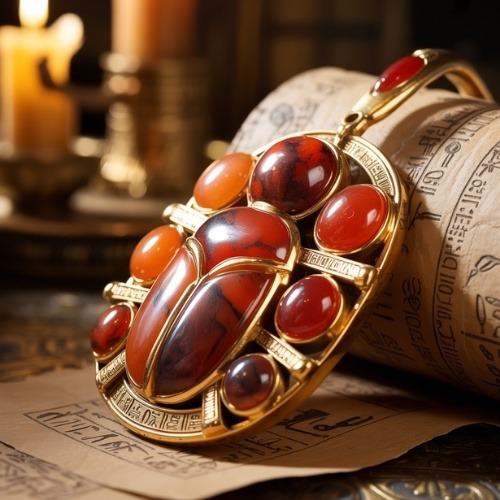 Ancient Egyptian scarab pendant with red stones and gold detailing on papyrus with hieroglyphs, candlelit ambience conveying mystery and antiquity.