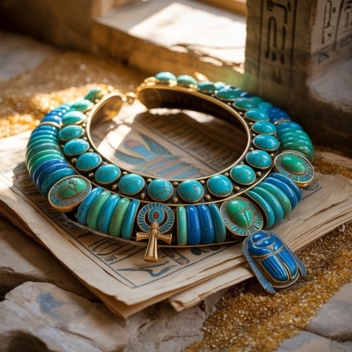 A vibrant Egyptian jewelry piece with blue and turquoise beads, a scarab, and ankh, placed on ancient papyrus and sand, evoking a sense of history.
