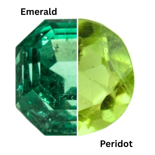 A split image showing two gemstones: a vibrant green emerald on the left and a light green peridot on the right, labeled accordingly.