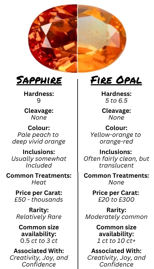 A comparison chart of Sapphire and Fire Opal. Sapphire is harder, rarer, and ranges from pale peach to vivid orange. Fire Opal is moderately common, orange-red, and less costly. Both associate with creativity, joy, and confidence.