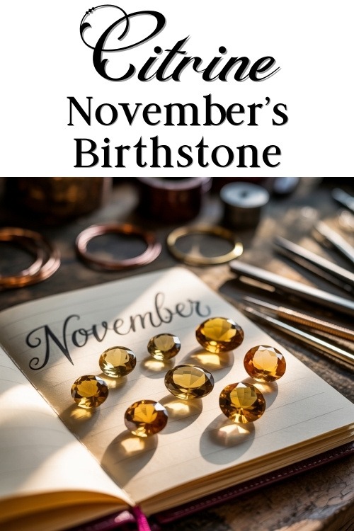 Citrine gems on an open notebook with "November" written, symbolizing the month’s birthstone. Warm tones, jewelry tools in the background.