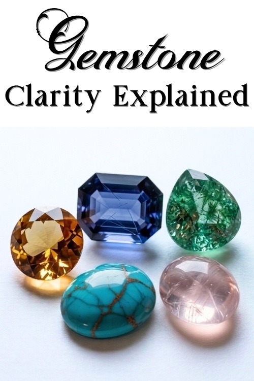 Five colorful gemstones are displayed: an eye clean citrine, an included blue sapphire, a heavily included emerald, an opaque turquoise, and translucent rose quartz. Text reads "Gemstone Clarity Explained."