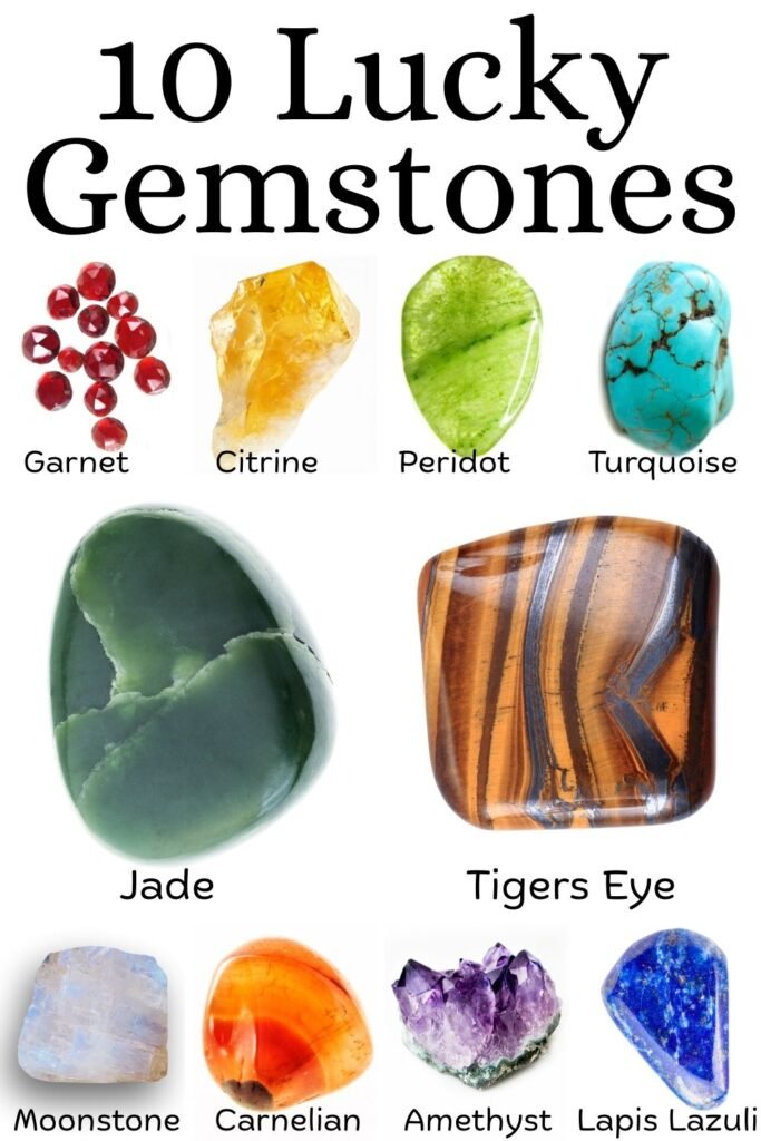 Graphic titled “10 Lucky Gemstones,” showing labeled stones: garnet, citrine, peridot, turquoise, jade, tiger’s eye, moonstone, carnelian, amethyst, and lapis lazuli.