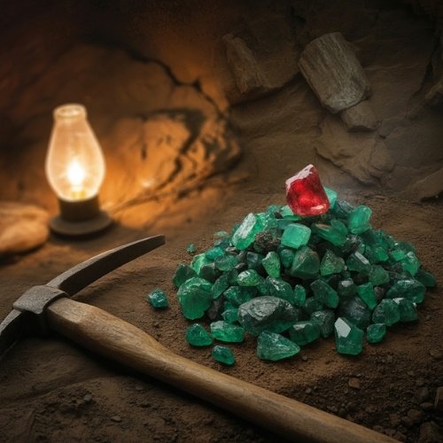 A pile of raw green gems and a single red gem rest on dirt beside a pickaxe. A glowing oil lamp creates a warm, rustic atmosphere.