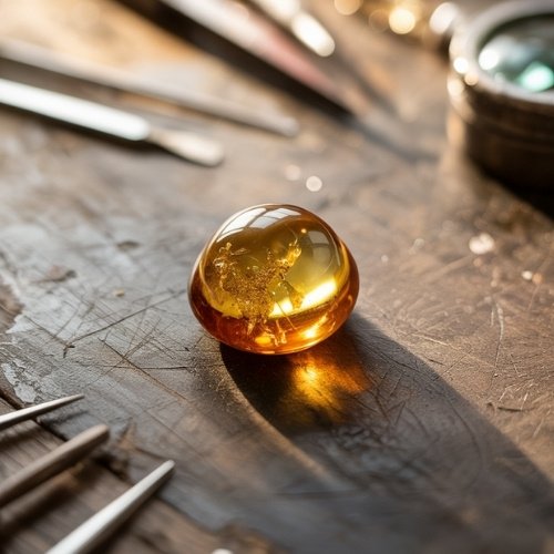A smooth amber gemstone cabochon rests on a rustic wooden table, surrounded by crafting tools. Warm sunlight casts a soft glow, creating an artisanal atmosphere.