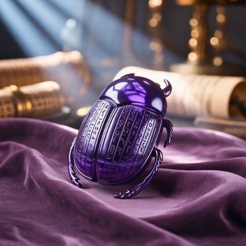 An image of a carved amethyst gemstone in the shape of a beetle. The beetle has hieroglyphs on it's back giving the image an ancient Egyptian vibe.