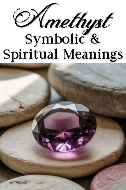 A faceted amethyst gemstone rests on smooth stones, bathed in soft light. Above, text reads "Amethyst Symbolic & Spiritual Meanings," conveying elegance.