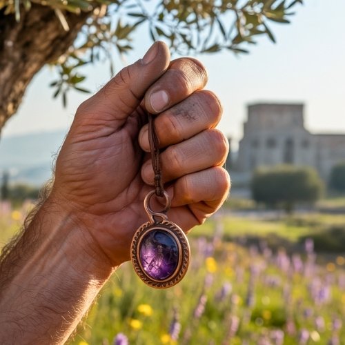 An image of an ancient Roman legionary’s hand holding an amethyst pendant set into copper.
