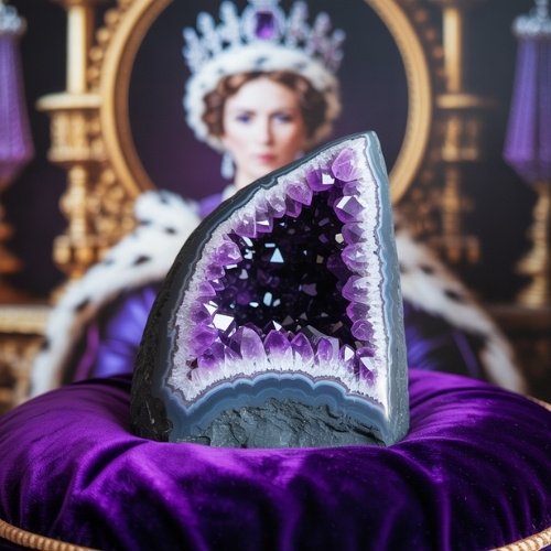 An image of a large amethyst cluster resting on a royal purple cushion. In the background is a queen wearing a crown adorn with amethyst gemstones