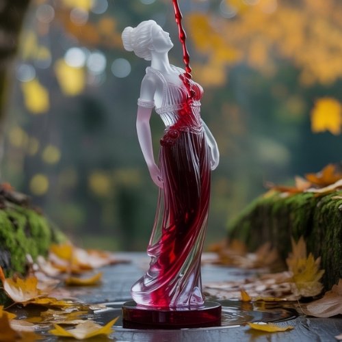 A glass statue of a woman, tilted back as red liquid pours on her, is set amidst a fall landscape with vivid autumn leaves and blurred trees.