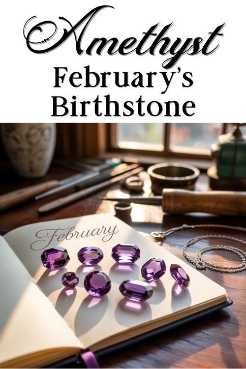 Amethyst gemstones on an open book with "February" text, set on a sunlit wooden desk. Tools and jewelry nearby. Warm, inviting mood.