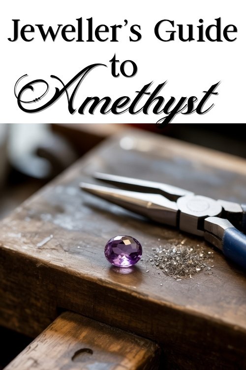 A polished amethyst gemstone sits on a jeweler’s workbench next to a pair of pliers and small crystals, evoking creativity and craftsmanship. Text: "Jeweller's Guide to Amethyst."