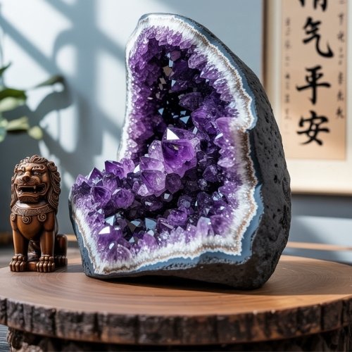 An image of a large amethyst cluster on a wooden table with a foo dog and a chine script picture on the wall behind them.