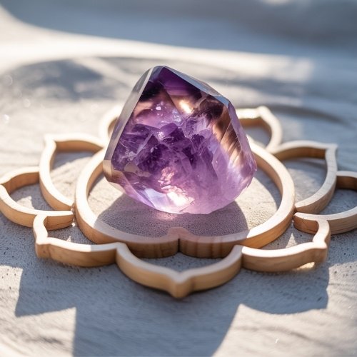 An image of a purple amethyst crystal sitting on the sand with a wooden flower surrounding it giving it a chakra feel.
