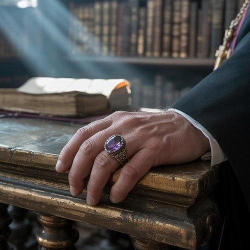 A Clergy members hand on a wooden plinth wearing a large purple amethyst ring.