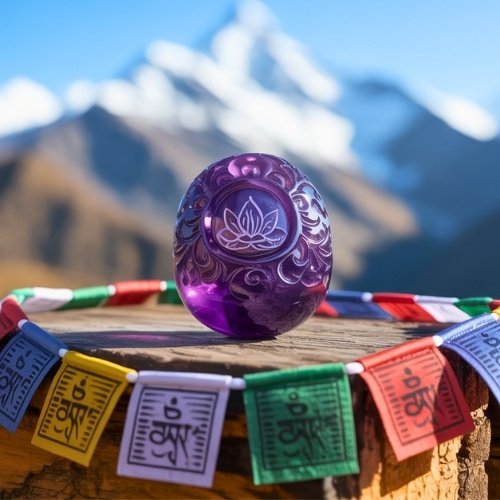 An image of am amethyst crystal engraved with a lotus flower, sat on a wooden pedestals with a Tibetan feel.