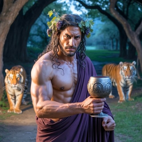 An angry looking ancient Greek god with long hair and grapevine crown holds ornate goblet. Two tigers walk behind him in a forest setting.