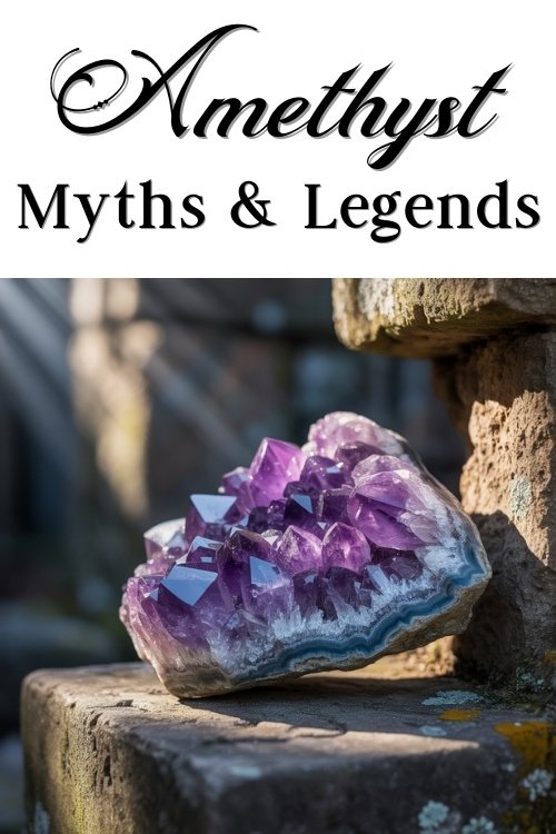 An image of an amethyst crystal laying on some ancient stones. The text above the image reads 'Amethyst myths and legends'