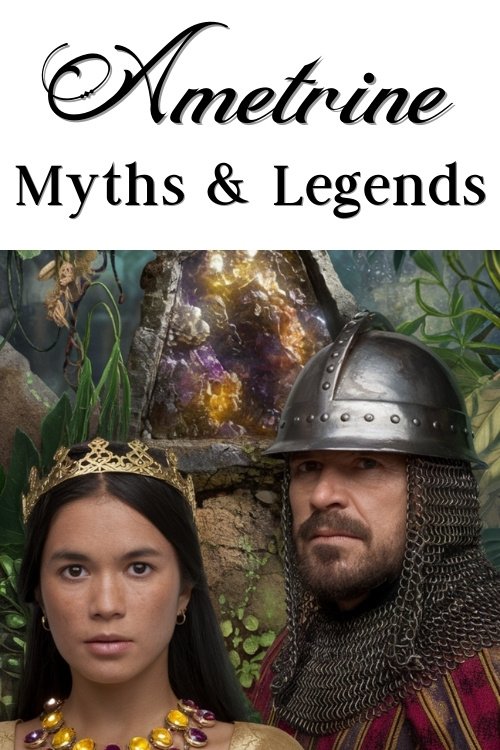 Ametrine: Myths & Legends cover features a young woman with a crown and necklace beside a bearded man in armor. A mystical ametrine stone is in the background.