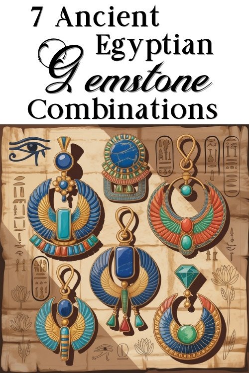 Illustration of seven ornate ancient Egyptian jewelry pieces with colorful gemstones on a papyrus background, surrounded by Egyptian hieroglyphs. Text reads '7 ancient Egyptian gemstone combinations'