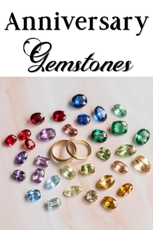 Colorful gemstones arranged around two gold rings on a soft marble surface, with 'Anniversary Gemstones' written above in elegant script.