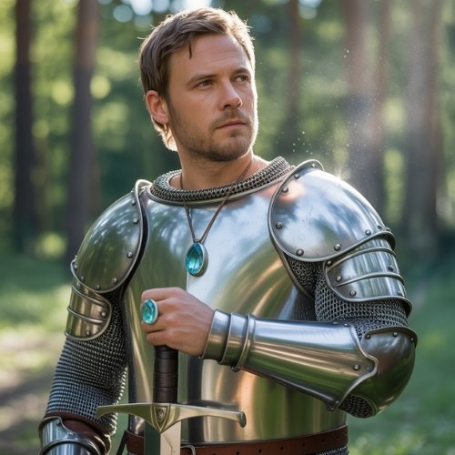 A knight in shining armor stands in a sunlit forest, holding a sword. He wears an aquamarine pendant and ring, looking contemplative and focused.