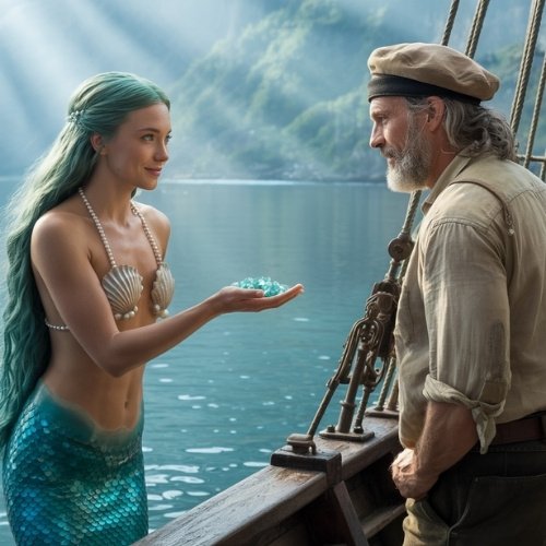 A mermaid with teal hair and scales offers aquamarine gems to an older sailor on a ship. Sunlight beams through misty mountains, creating a mystical, serene mood.