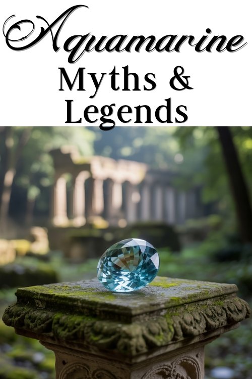 A blue aquamarine gemstone rests on a moss-covered stone pedestal in a lush, ancient ruin setting. Text above reads 'Aquamarine Myths & Legends.'