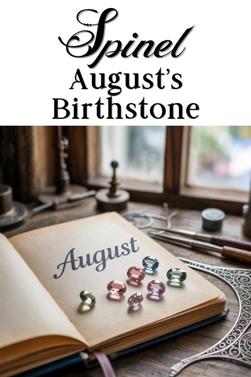 An image of an open book with the work August written on it and a selection of faceted spinel scattered on the page. The book is laying on a jewellers work bench. The text above the image reads 'Spinel August's Birthstone'