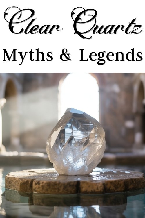 A clear quartz crystal rests on a stone platform surrounded by water, with sunlight illuminating it. The text above reads, "Clear Quartz Myths & Legends."