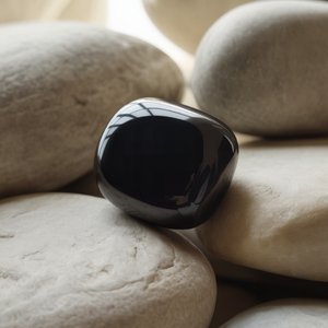 A smooth, glossy black onyx stone rests atop larger, matte gray stones, creating a contrast between textures. The setting is soft and calming, with natural light.